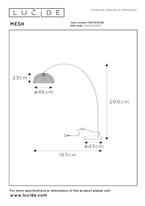 Lucide MESH - Bogenlampe - 1xE27 - Schwarz - technisch